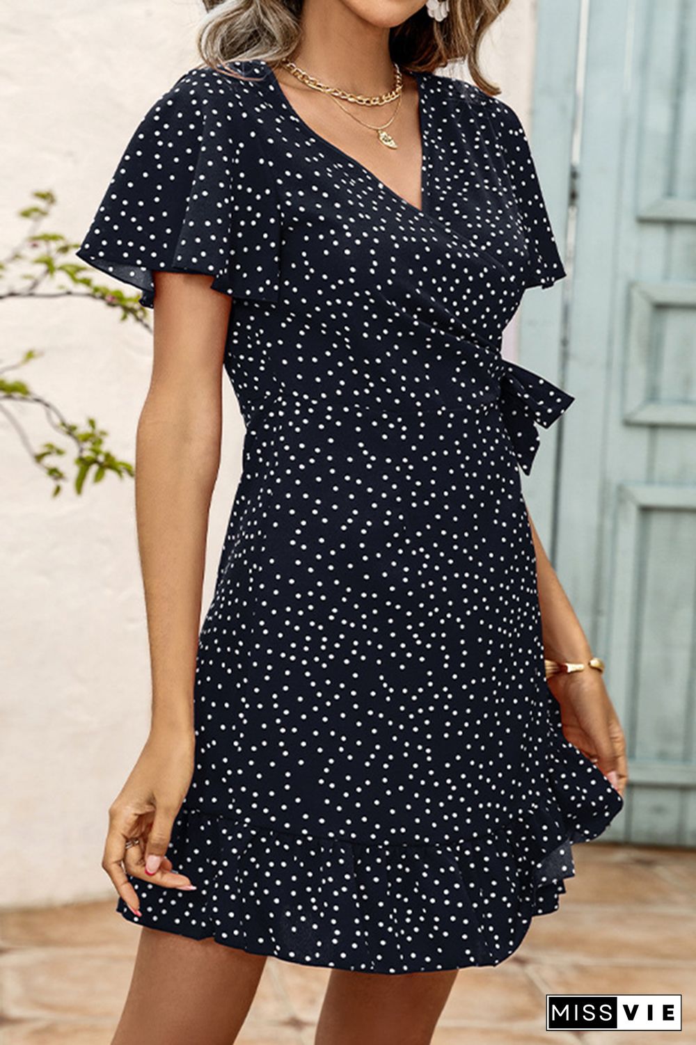 Polka Dot Print V Neck Short Dress Wholesale