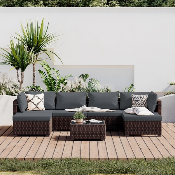 UPHA 6Person Outdoor Furniture Set Patio Wicker Conversation Set with Coffee Table and Cushions