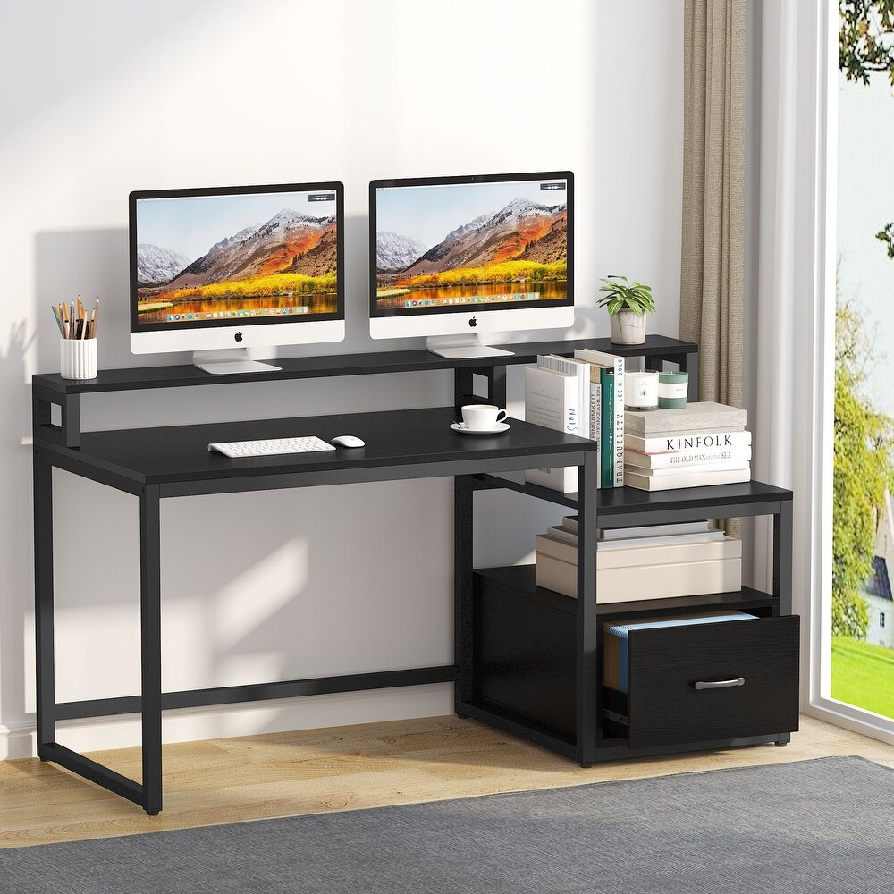 59'' Computer Desk with Drawer  Storage Shelves and Monitor Stand