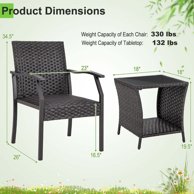 Costway 3 Pcs Patio Conversation Set Wicker Chair Tempered Glass Table Cushioned Seat Quick Dry Foam