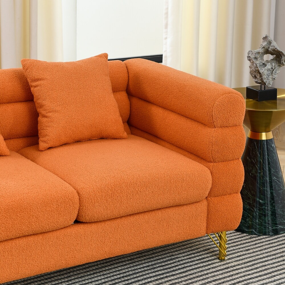 Stacked Sectional Sofa Sets Teddy Fabric Loveseat Sofa Curved Side Settee Sets with Lumbar Pillows for Living Room  Orange