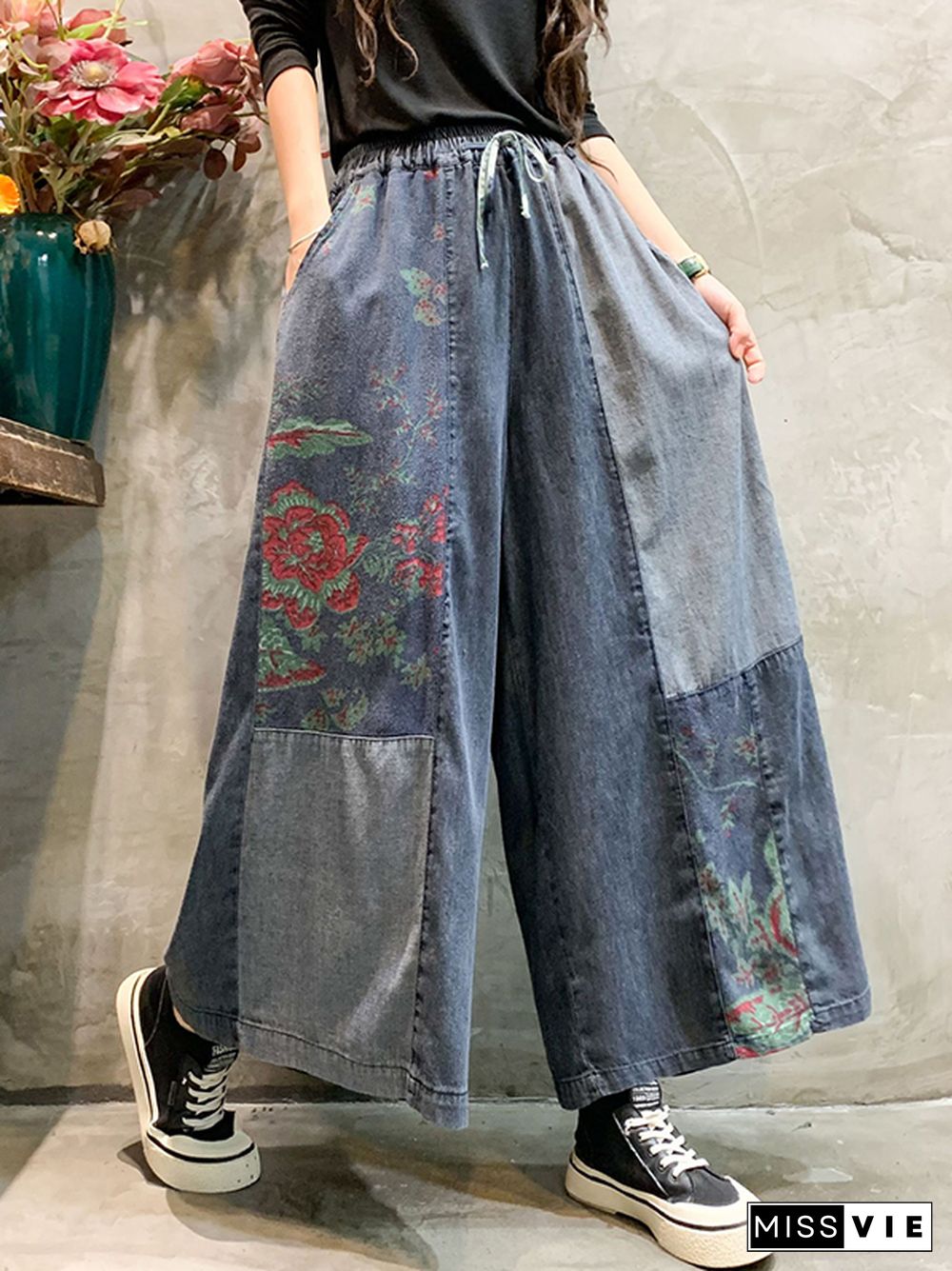 Casual Wide Leg Loose Color-Block Bandage Embroidered Jean Pants Bottoms