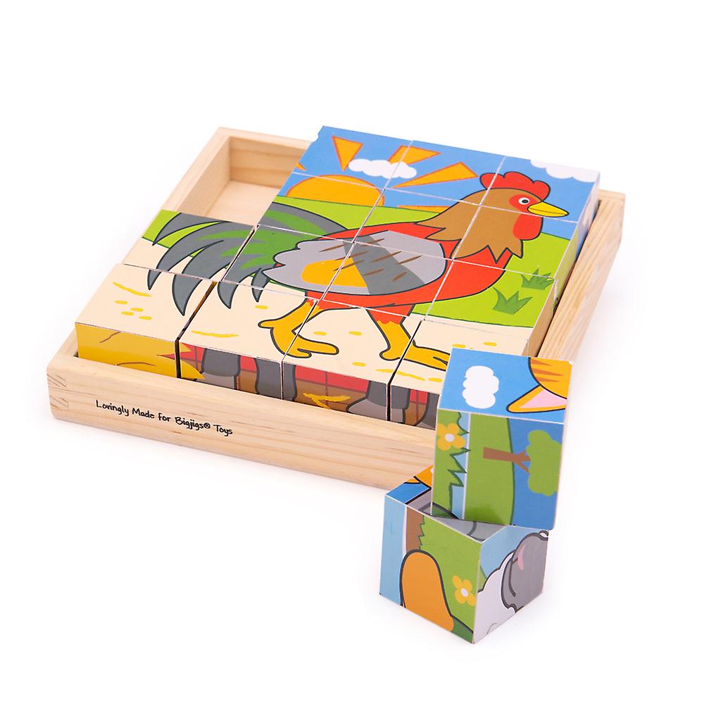 Bigjigs Toys Wooden Chunky Farm Cube Jigsaw Puzzle Early Learning Play