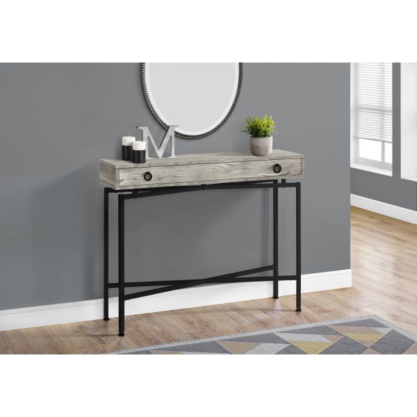 Accent Table， Console， Entryway， Narrow， Sofa， Storage Drawer， Living Room， Bedroom， Grey Laminate， Black Metal， Contemporary， Modern