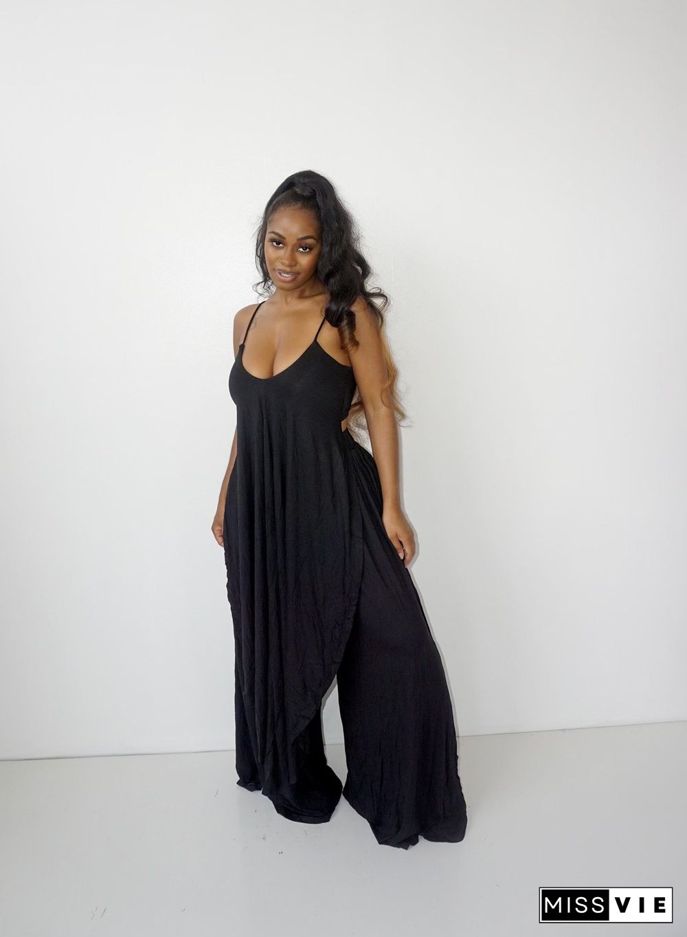 Irregular Spaghetti Strap Long Tops Wide Leg Pants Set