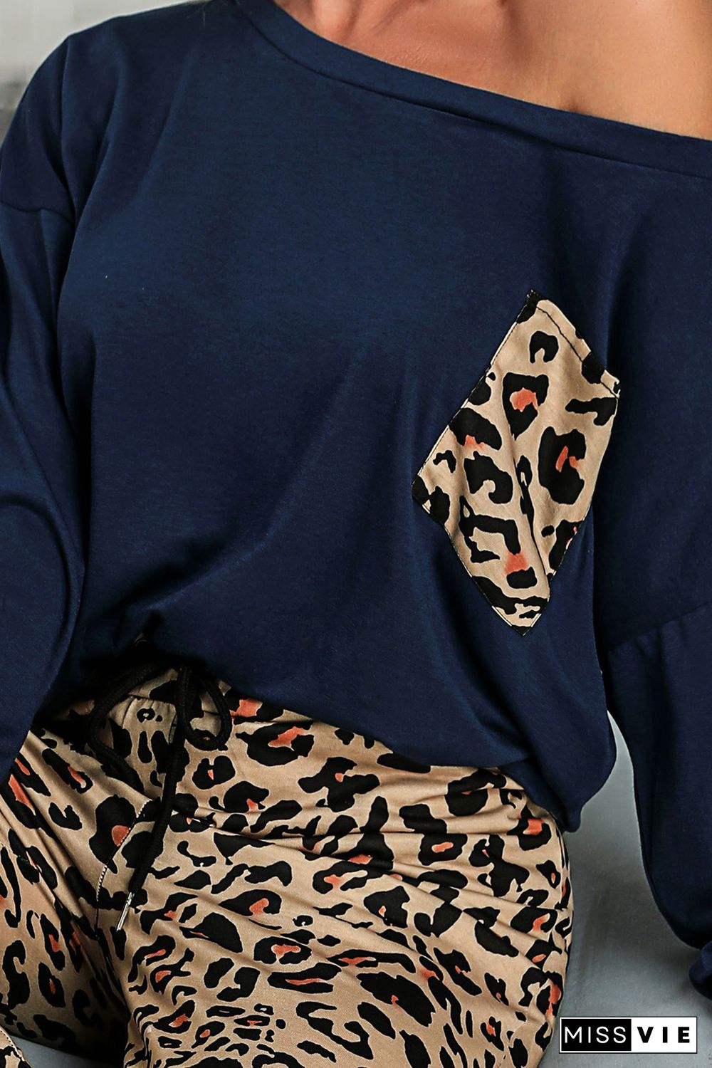 Blue Casual Long Sleeve Leopard Pants Loungewear Set