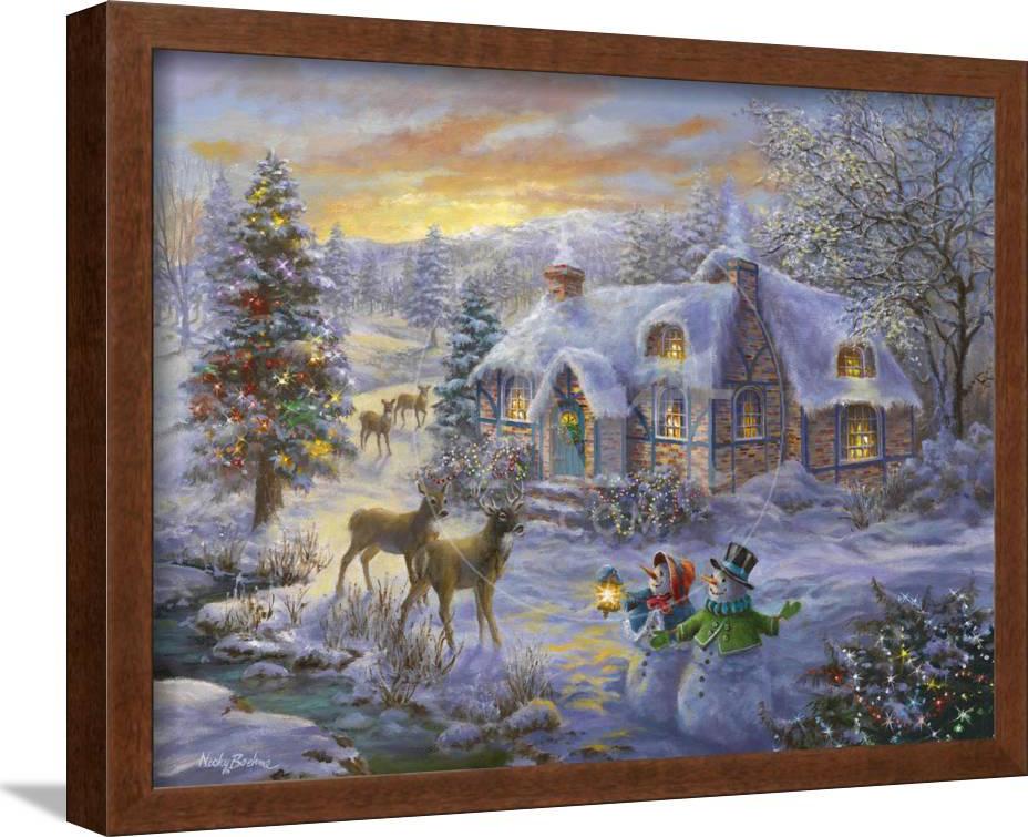 Christmas Cottage， Framed Art Print UnFramed Wall Art by Nicky Boehme Sold by Art.Com