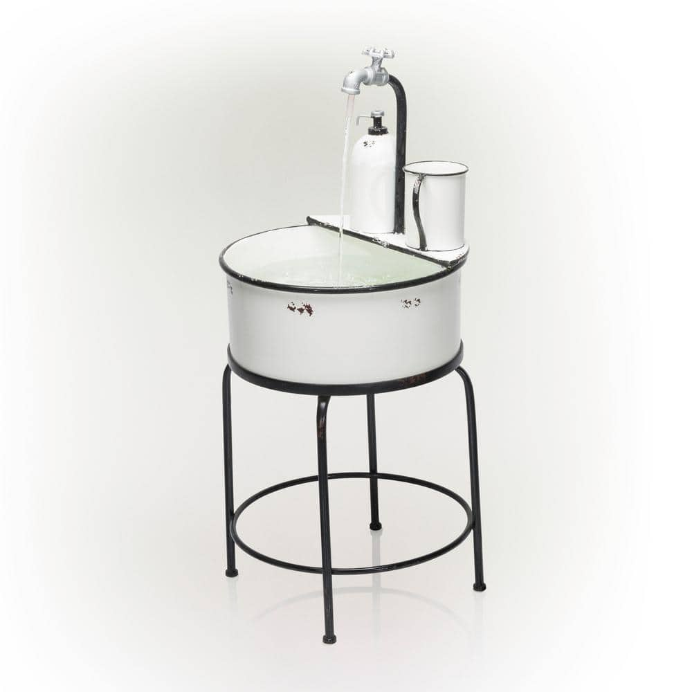 Alpine Corporation 34 in. Tall Outdoor Antique Metal Sink Water Fountain, White YHL168