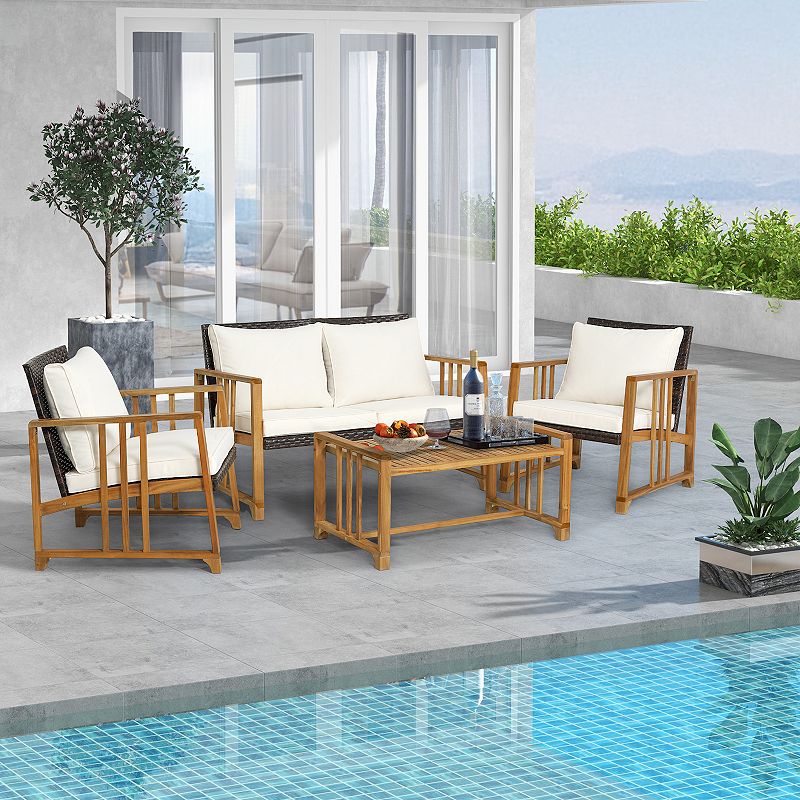 4 Pieces Patio Rattan Conversation Set with Seat and Back Cushions-Off White