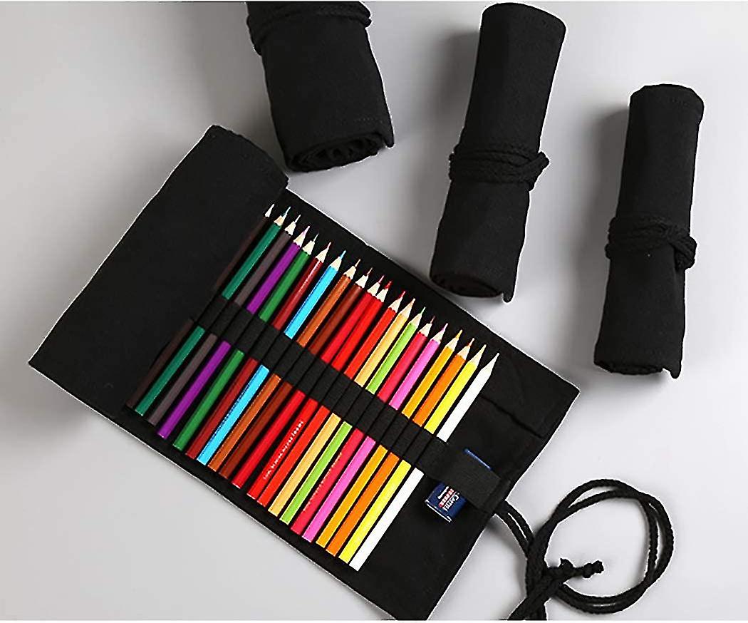 Pencil Case Boys， Roll-up Case Canvas Pencil Wrap 72 Holes Pen Holder Brush Pencil Case School Case (black)