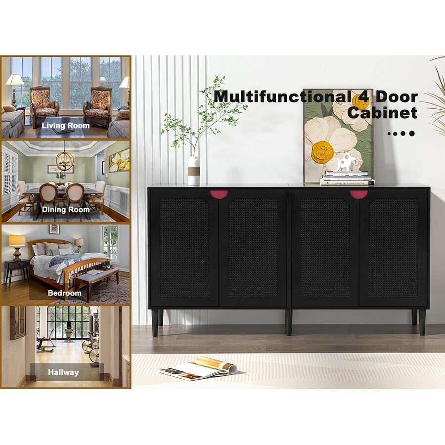 Rattan Sideboard Buffet Cabinet with 4 Doors Large Kitchen Storage Cabinet with Adjustable Shelf 63\