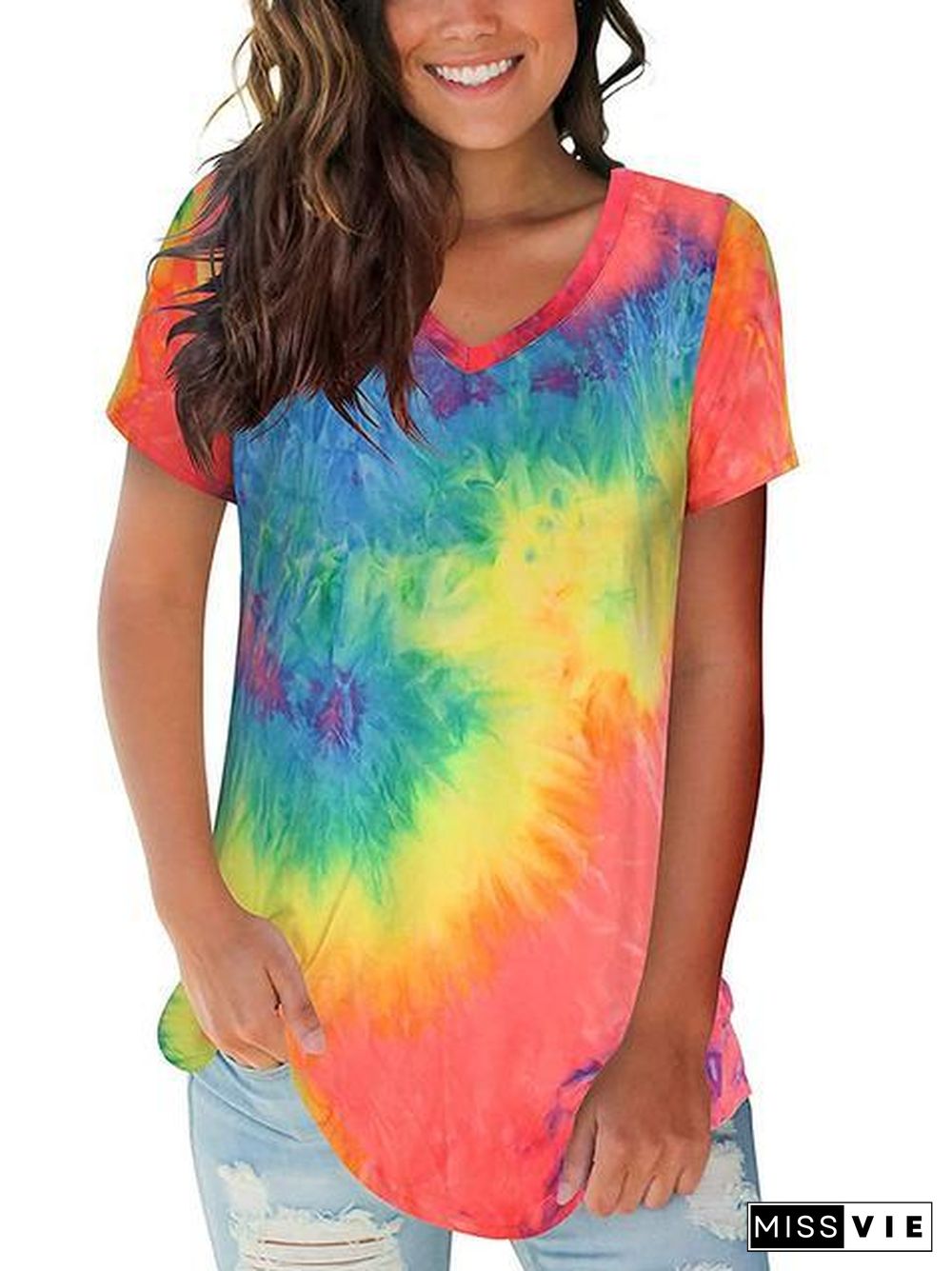 Tie-Dye Print V-Neck Loose T-Shirt