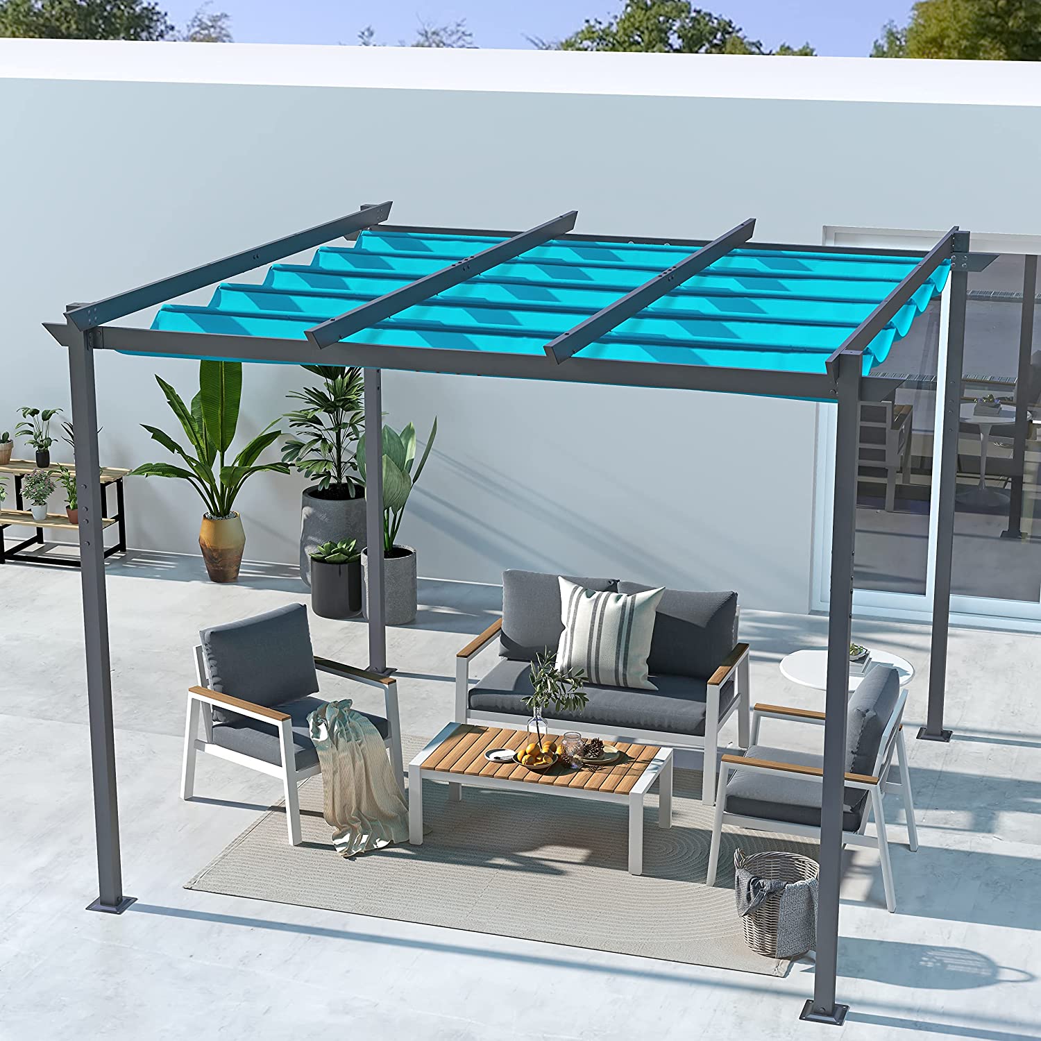 COBANA 10' x 10' Outdoor Pergola, Aluminum Patio Shade Shelter with Retractable Canopy for Garden, Porch, Backyard, Blue