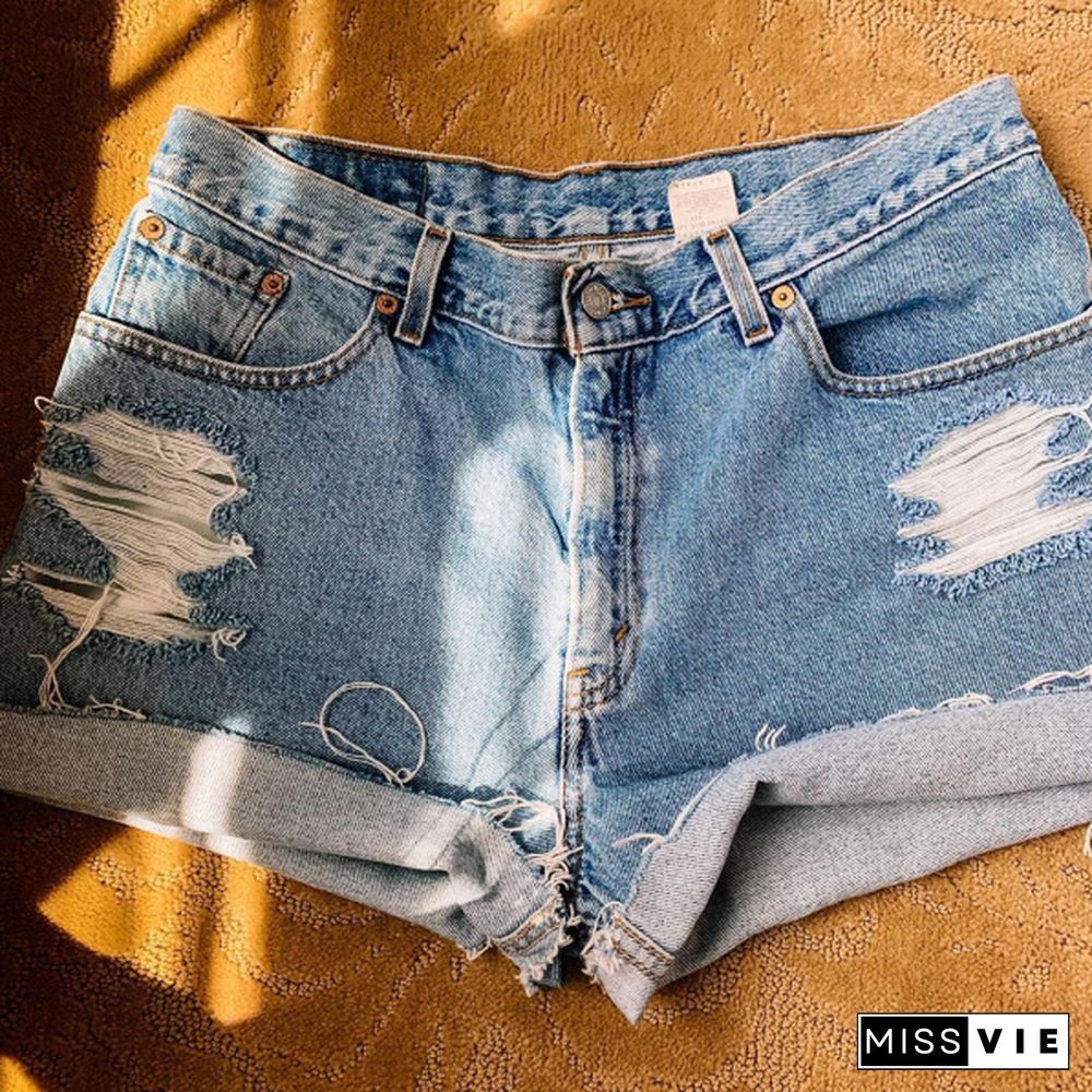 Basic Casual Embroidered Graphic Denim Shorts