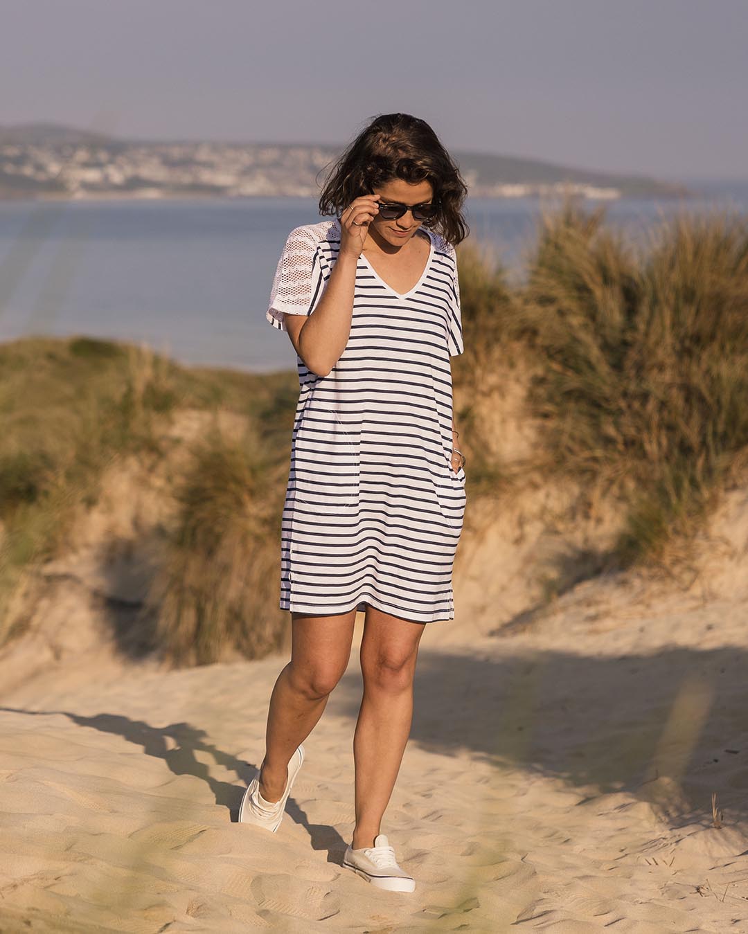 Olive Oversized Recycled Cotton T-Shirt Dress - Navy Stripe