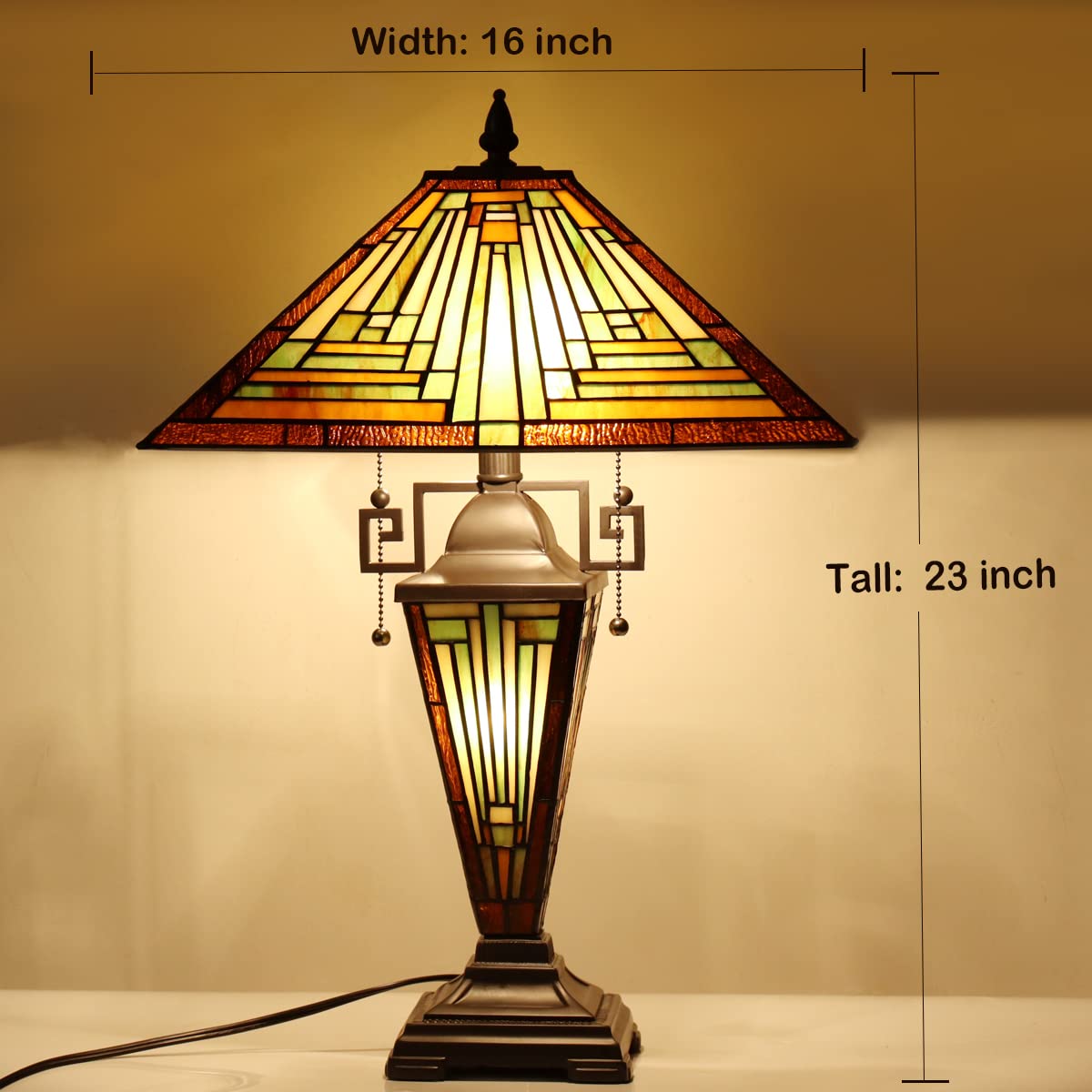 Vinplus Tiffany Table Lamp Night Light 16" Wide Handmade Stained Glass Lamp Shade 3 Light Amber Mission Style Vintage Table Lamp