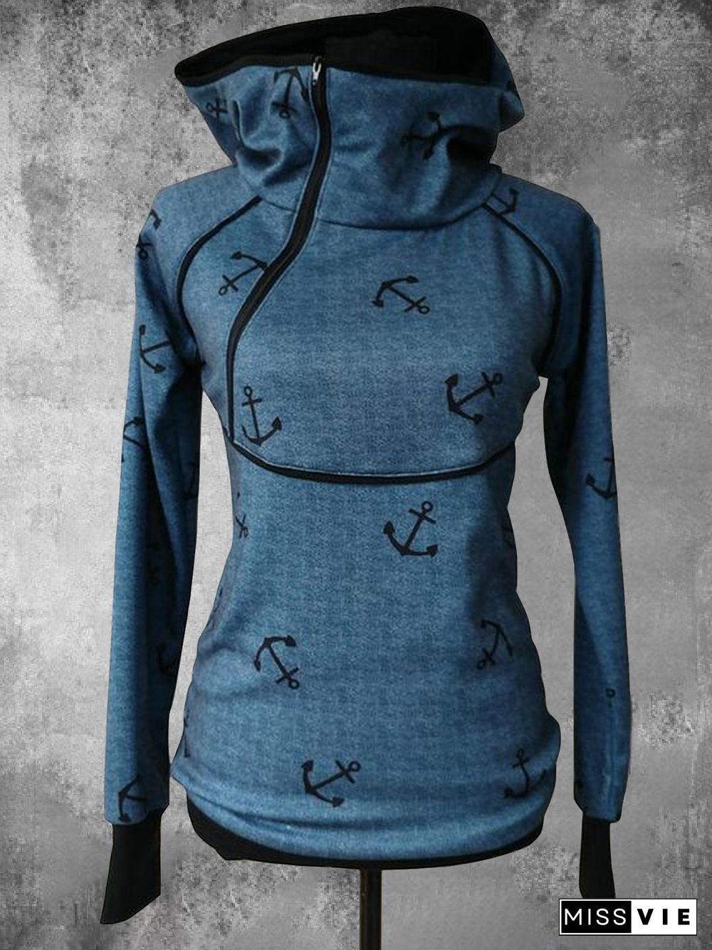 Blue Long Sleeve Cotton-Blend Hoodies & Sweatshirts