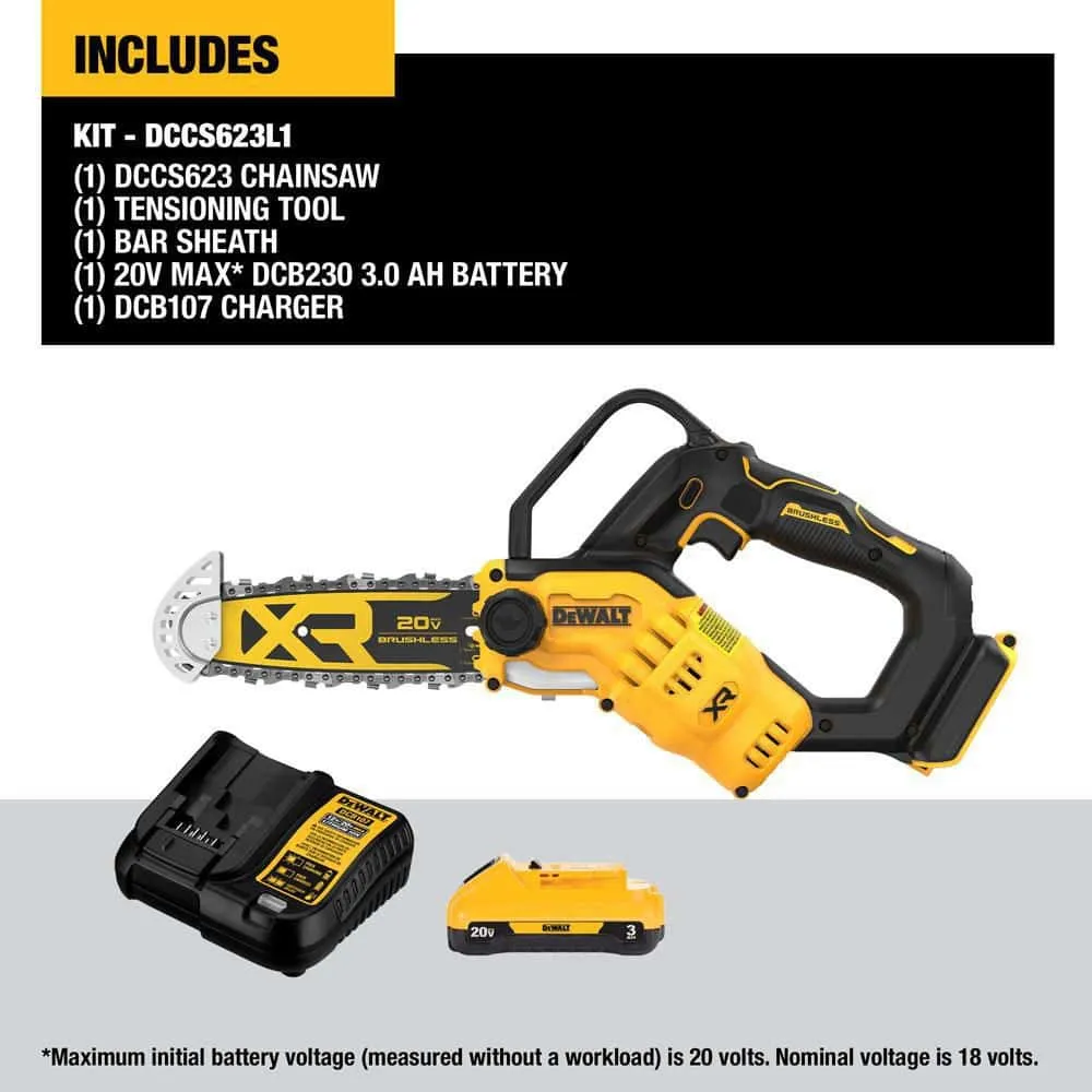 DW 8 in. 20-Volt Lithium-Ion Pruning Electric Battery Chainsaw Kit with 3Ah Battery and Charger DCCS623L1