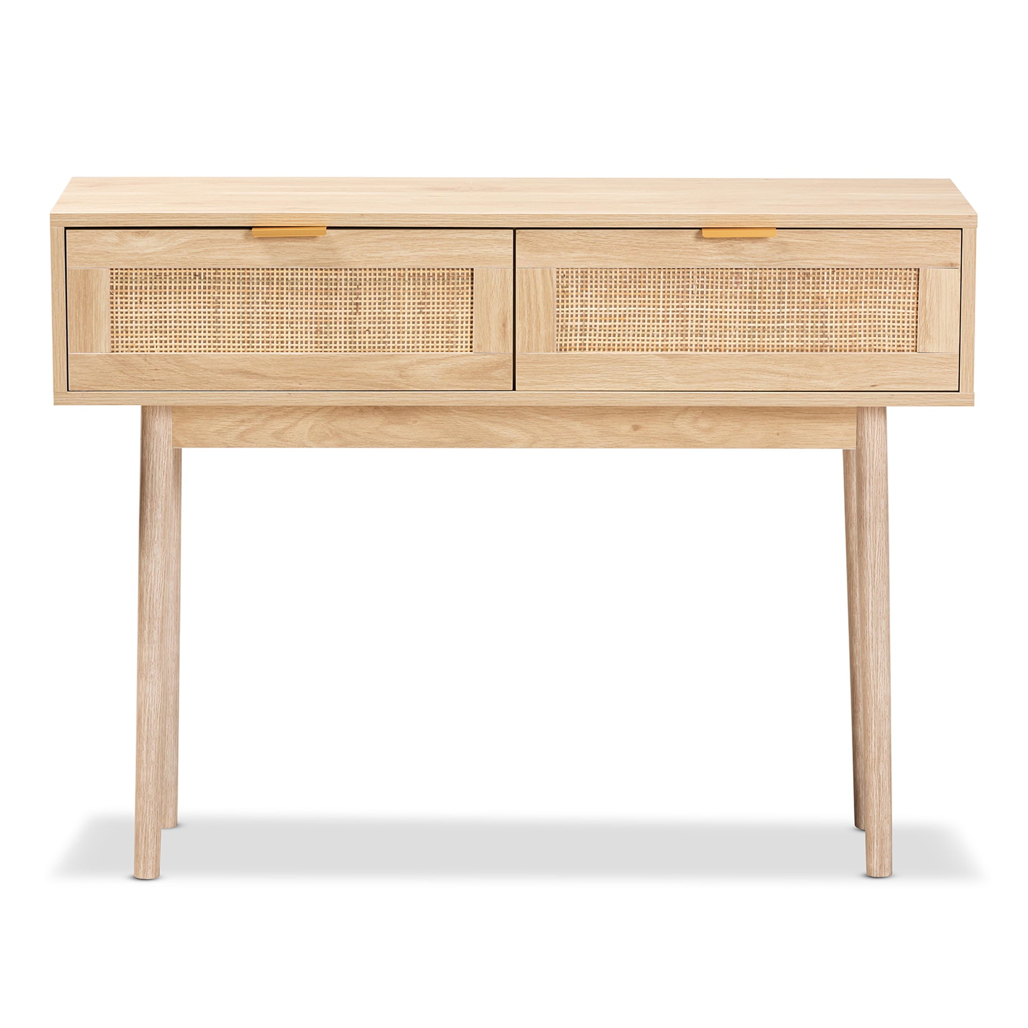 Baxton Studio Baird Mid-Century Modern Light Oak Brown Finished Wood and Rattan 2-Drawer Console Table