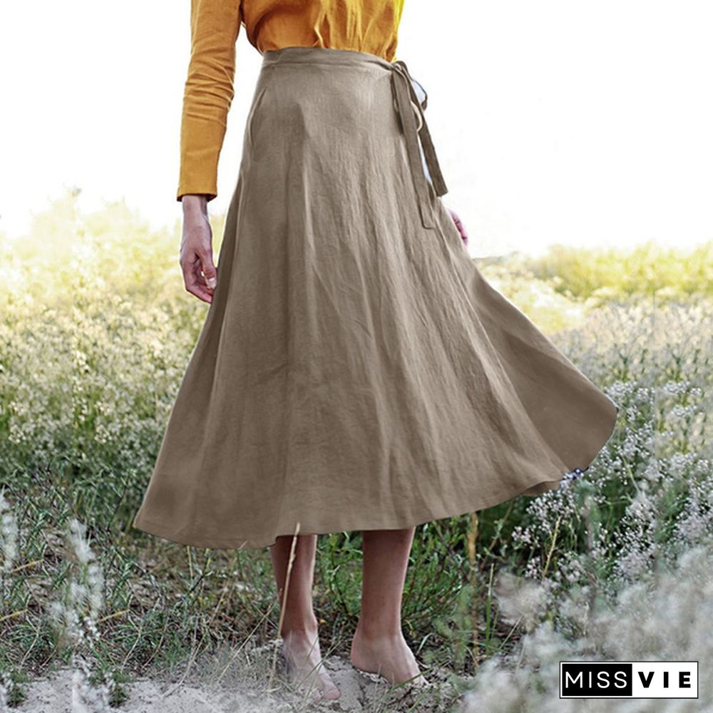 Women Vintage Elegant Skirt Cotton Side Tie A-Line Skirt Summer Long Skirts