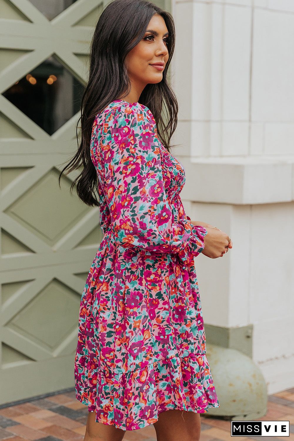 Purple Smocked V Neck Puffy Sleeve Floral Dress