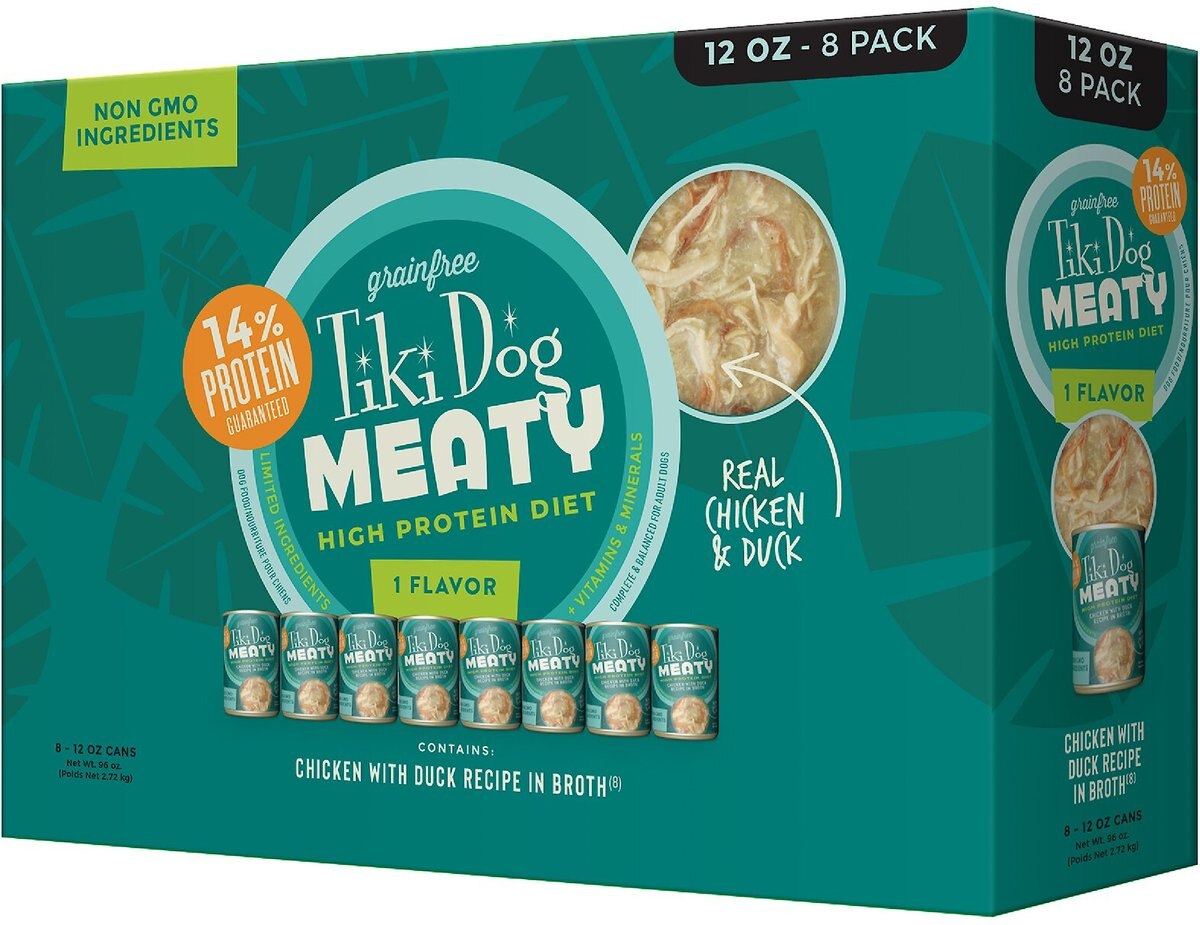 Tiki Dog Meaty Whole Foods Grain-Free Chicken and Duck Chunks in Gravy Canned Dog Food， 12-oz， case of 8