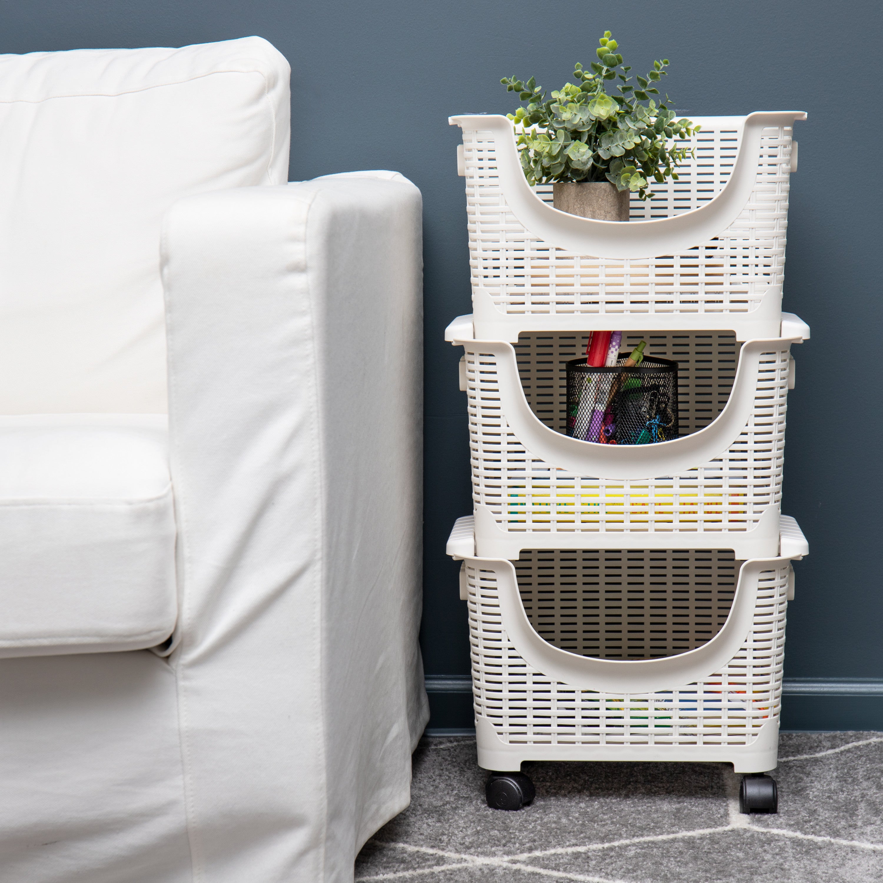 3-Tier Stackable Rolling Storage Bins， Plastic， White