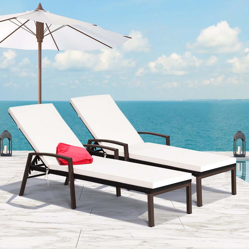 2-Pack Rattan Patio Chaise Lounge Chairs, 5-Position Pool Lounge Chairs with Cushion & Armrest, Wicker Sun Lounger