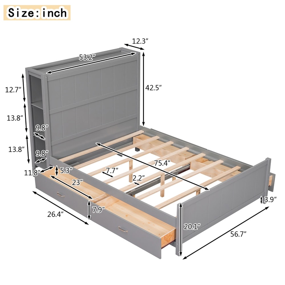 Full Size Platform Bed with Drawers and Storage Shelves  Gray