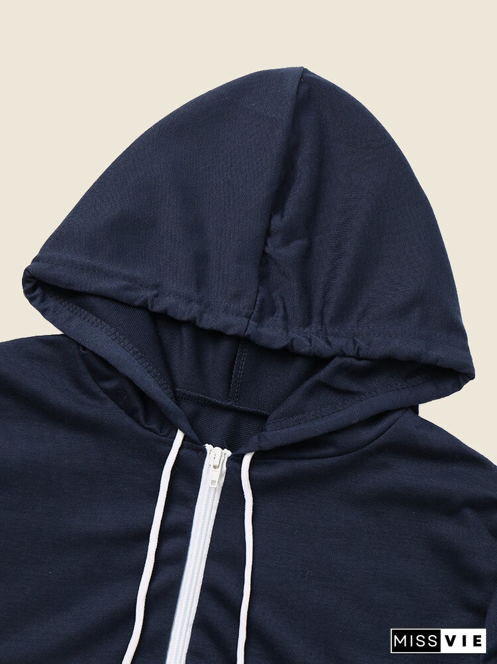 Color Block Zip Front Pocket Hooded Drawstring Jacket