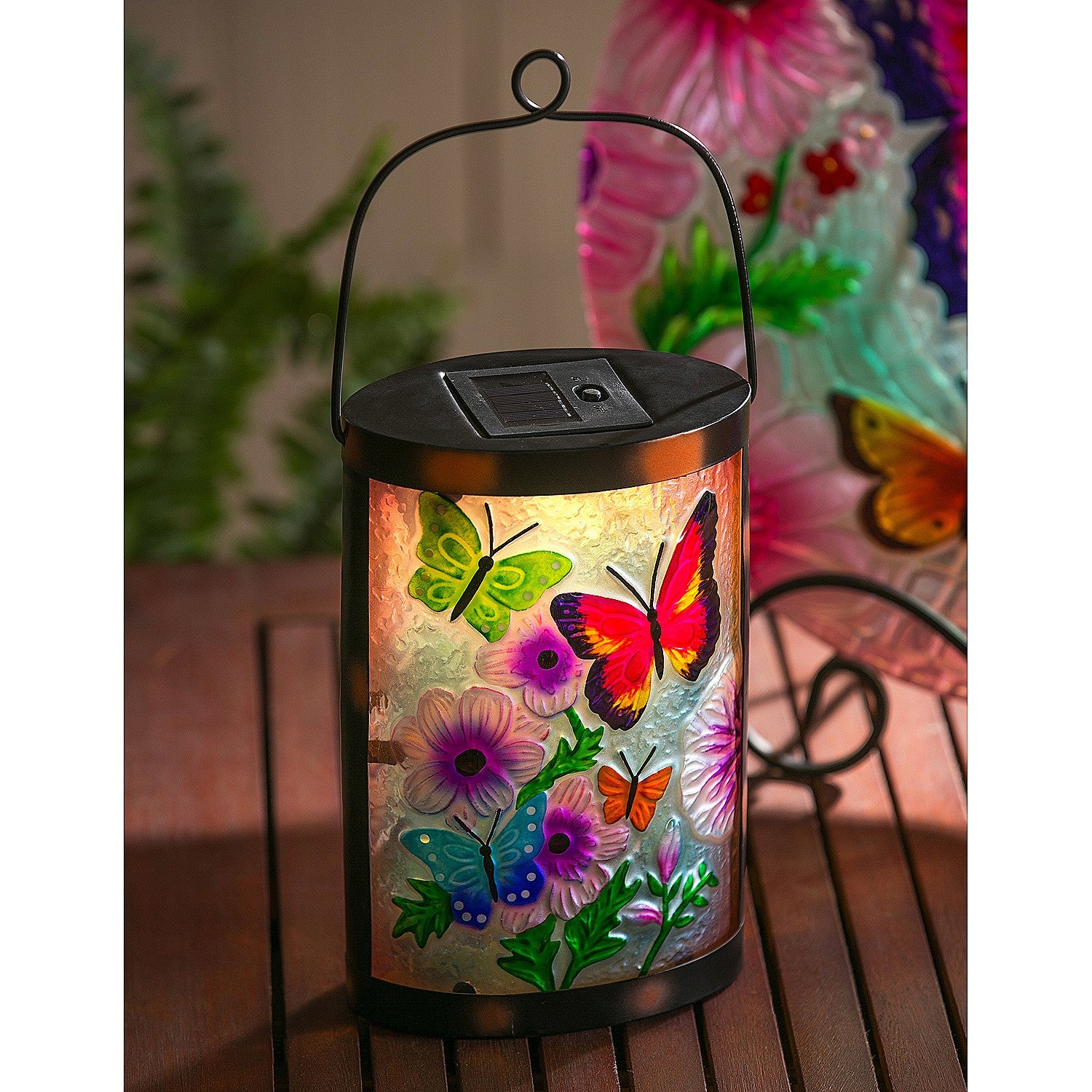 Evergreen Handpainted Solar Glass Lantern， Butterfly Prints， 3.7'' x 5.9'' x 9.5'' inches.