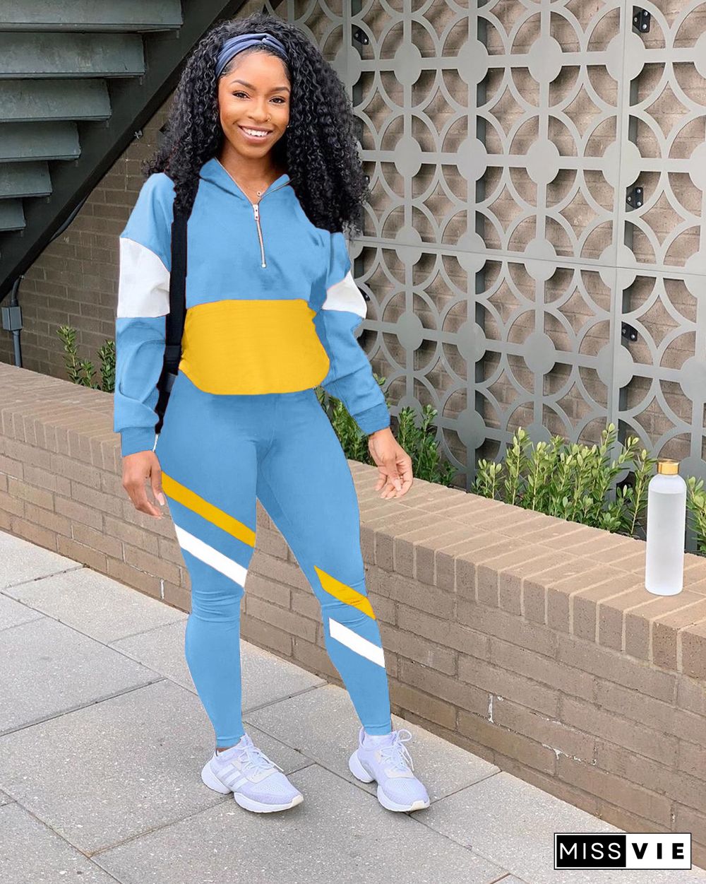 Fashion Color Spliced Hoodie Sport Pants Two-piece Set