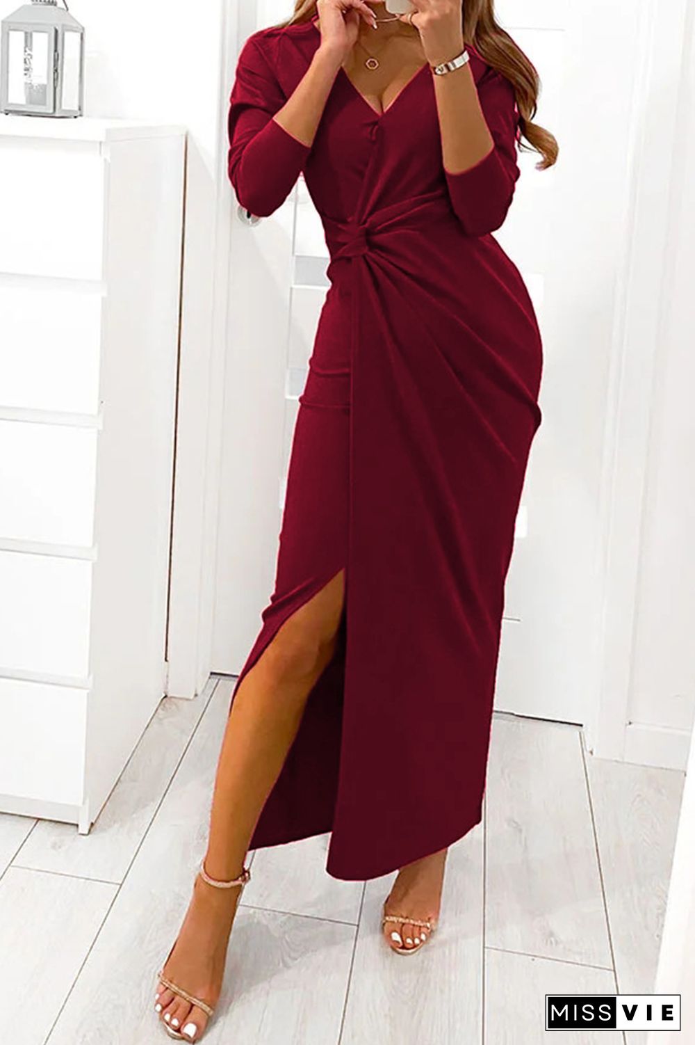 Elegant Solid Slit Fold V Neck Evening Dress Dresses(3 Colors)