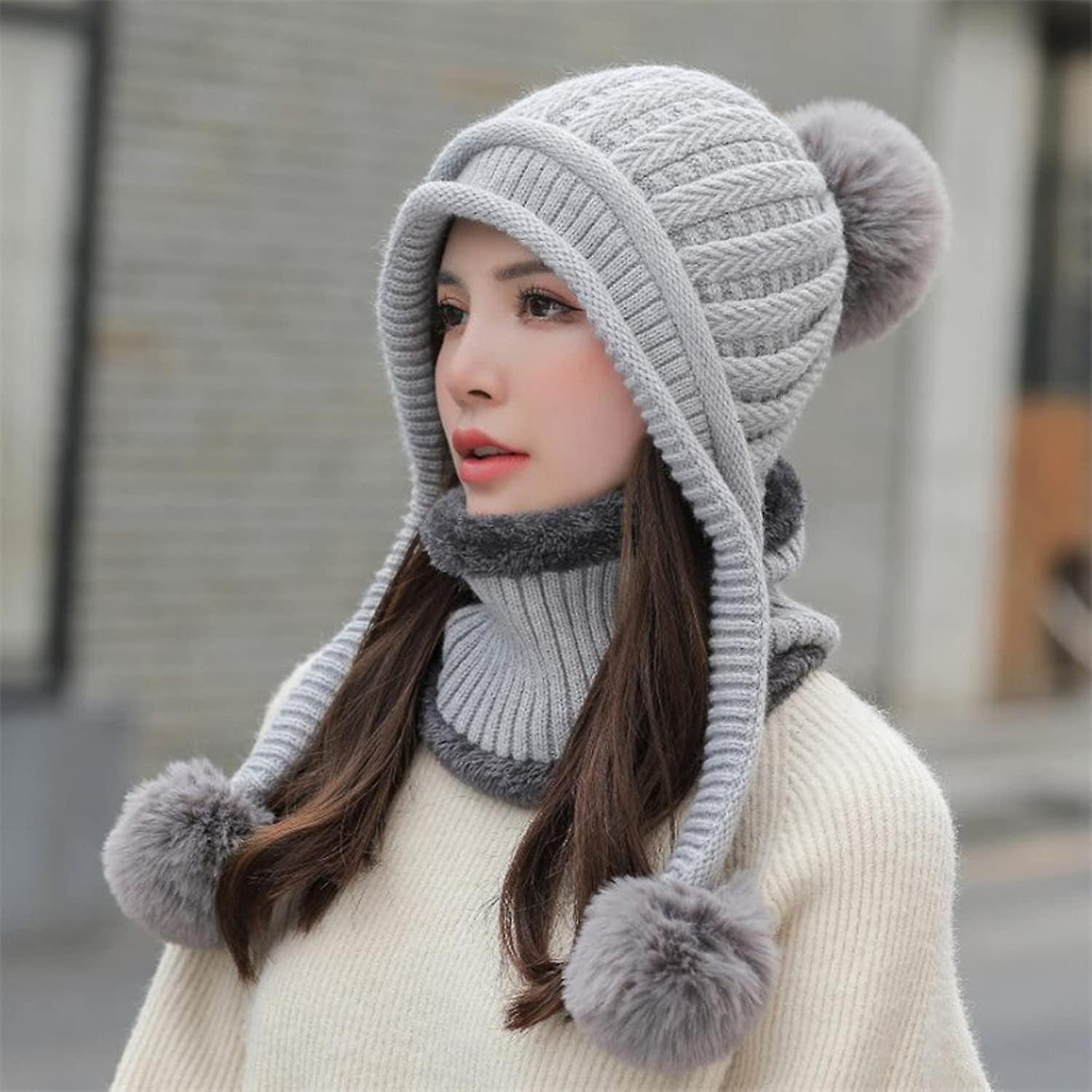 Women Winter Beanie Hat Peruvian Circle Scarf Set Ski Ear Flaps Caps Dual Layered Fleece Lined Pompoms E1925-gray -