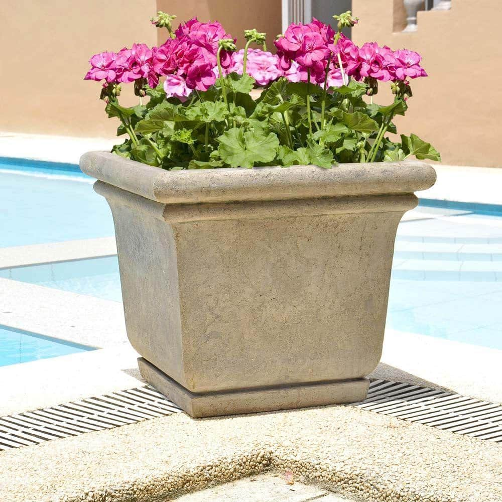 MPG 24 in. Square Cast Stone Fiberglass Planter with Attached Saucer in Aged Granite Finish PF5762AG