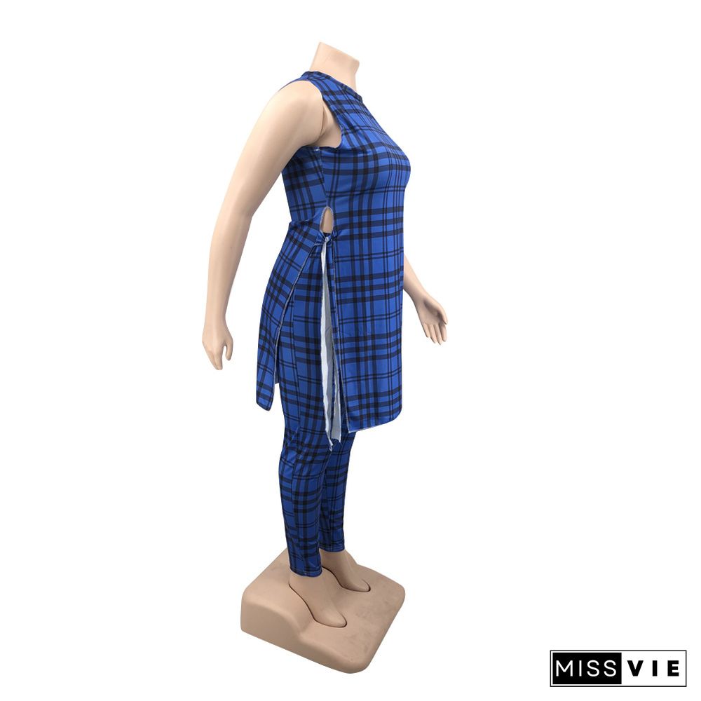 Plus Size Plaid Print Tank Tops Pencil Pants Sets