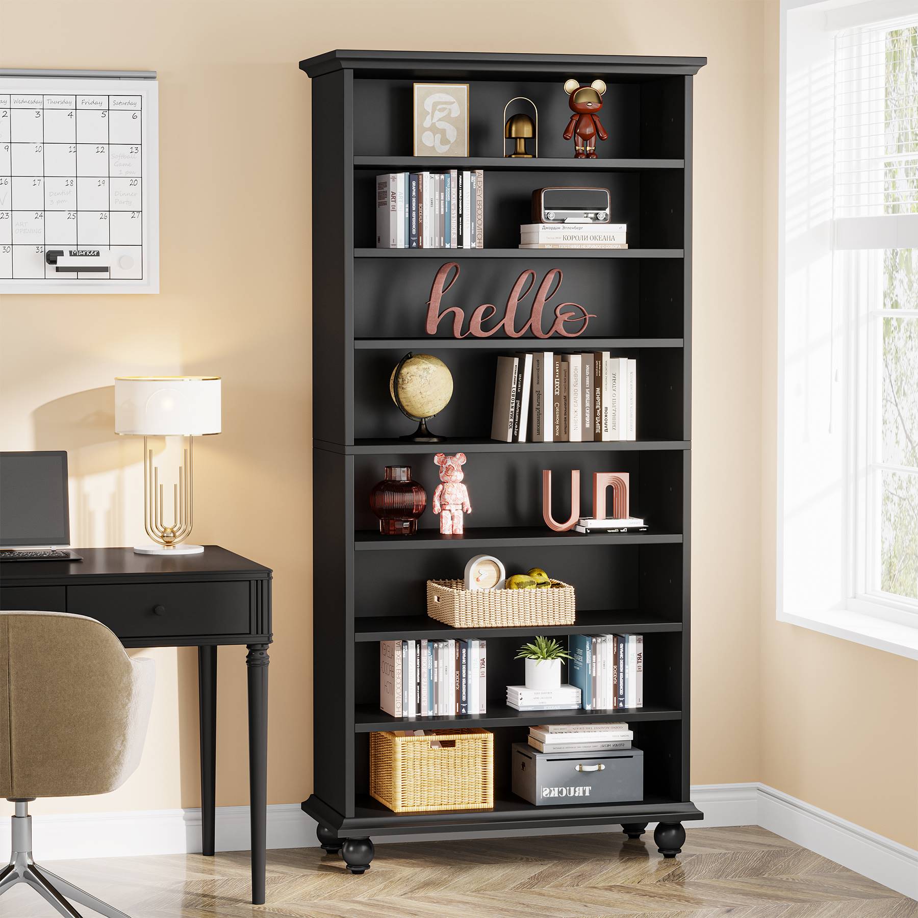 9-Tier Bookcase Wood Bookshelf with LED Lighting & Solid Wood Legs