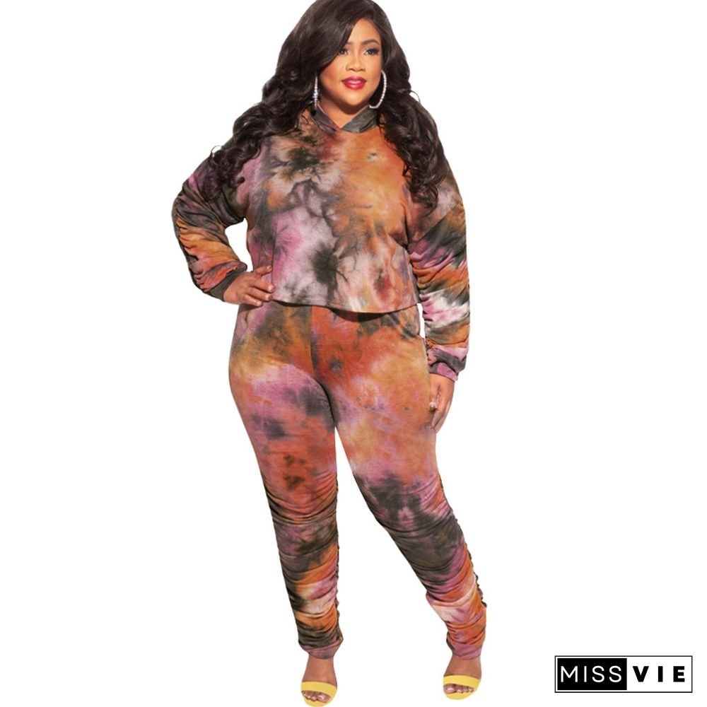 Plus Size Tie Dye Hooded Top Pleated Pants Set