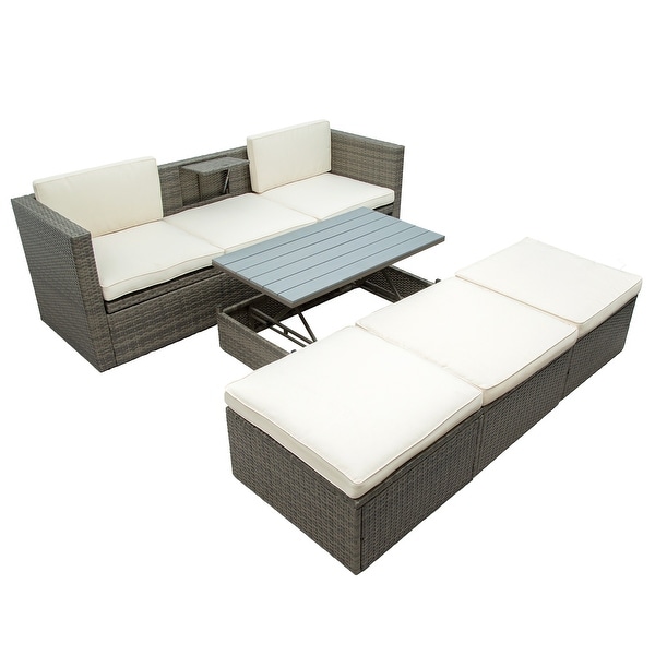 Outdoor Patio Furniture Set 5 Piece Wicker Conversation Set with Lift Coffee Table Sectional Set 3 Seat Sofa Couch