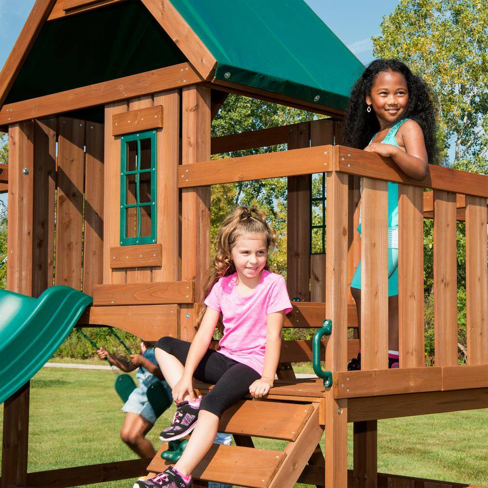 Swing-N-Slide Playsets Knightsbridge Plus Complete Wooden Outdoor Playset with Monkey Bars Slide Rock Wall and Swing Set Accessories WS 8351