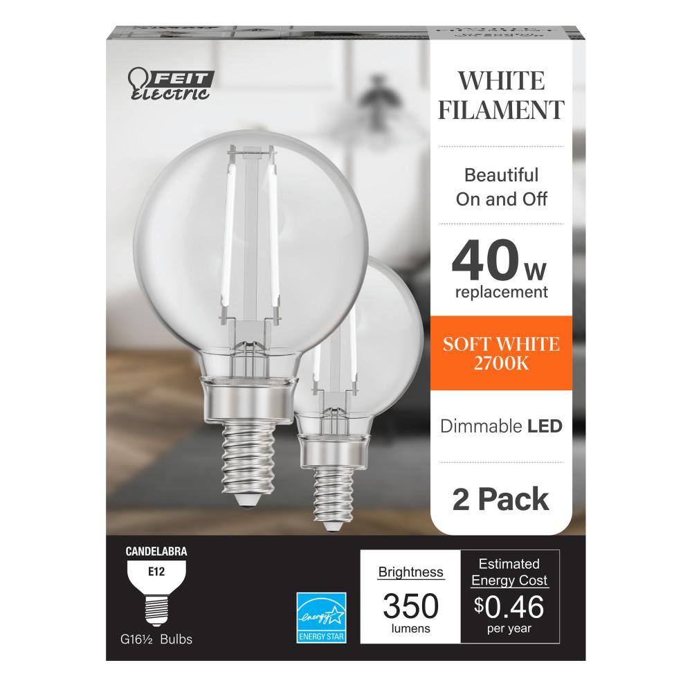 Feit Electric 40-Watt Equivalent G16.5 E12 Candelabra Dimmable White Filament CEC Clear Glass LED Light Bulb Soft White 2700K(2-Pack) G1640927CAWFILHDRP2