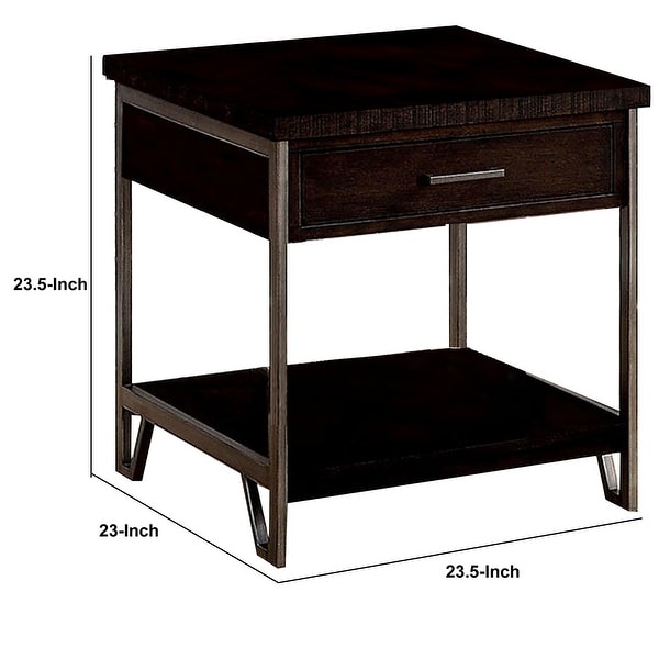 1 Drawer Wooden End Table with Metal Frame， Brown