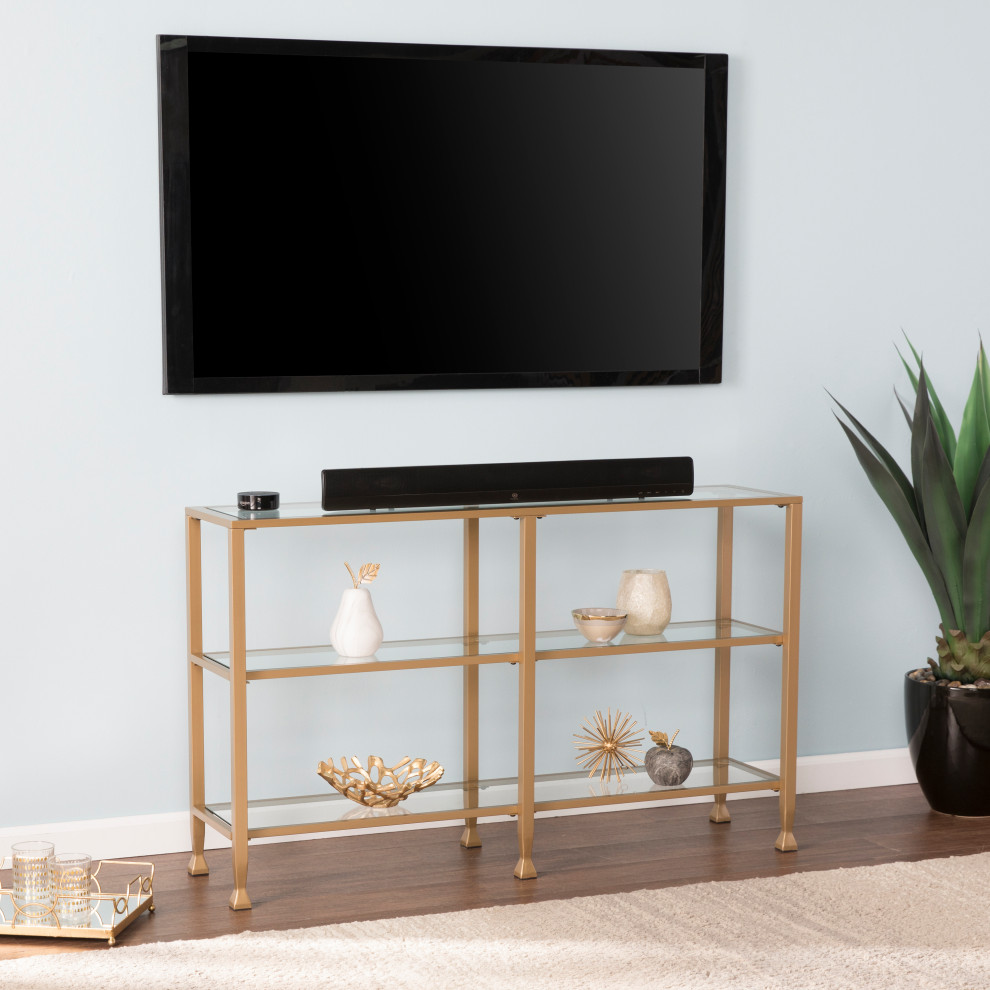 Portgren Narrow Metal Console Table With Glass Shelves  Gold   Contemporary   Console Tables   by SEI  Houzz