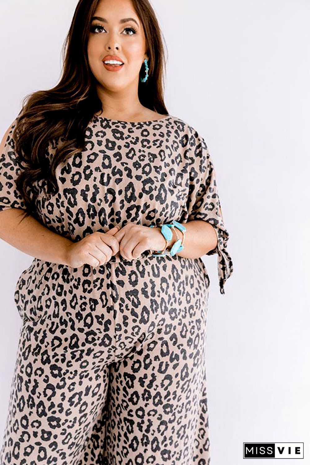 Leopard Print Cut-out Half Sleeve Plus Size Jumpsuit