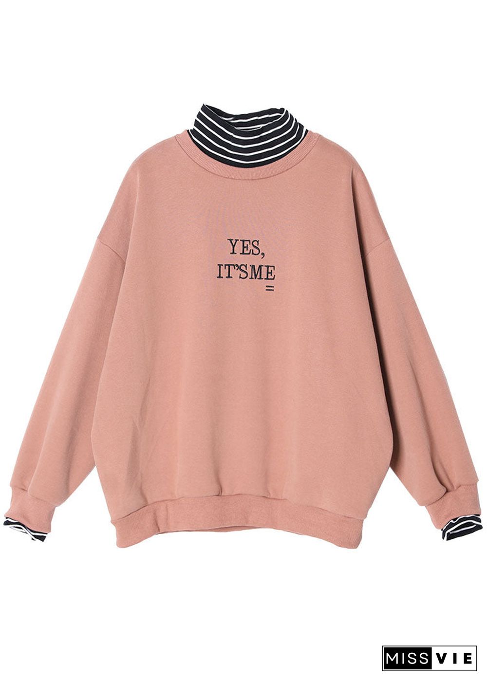 Fitted Pink Turtle Neck Graphic Warm Fleece Sweatshirts Tracksuits Winter