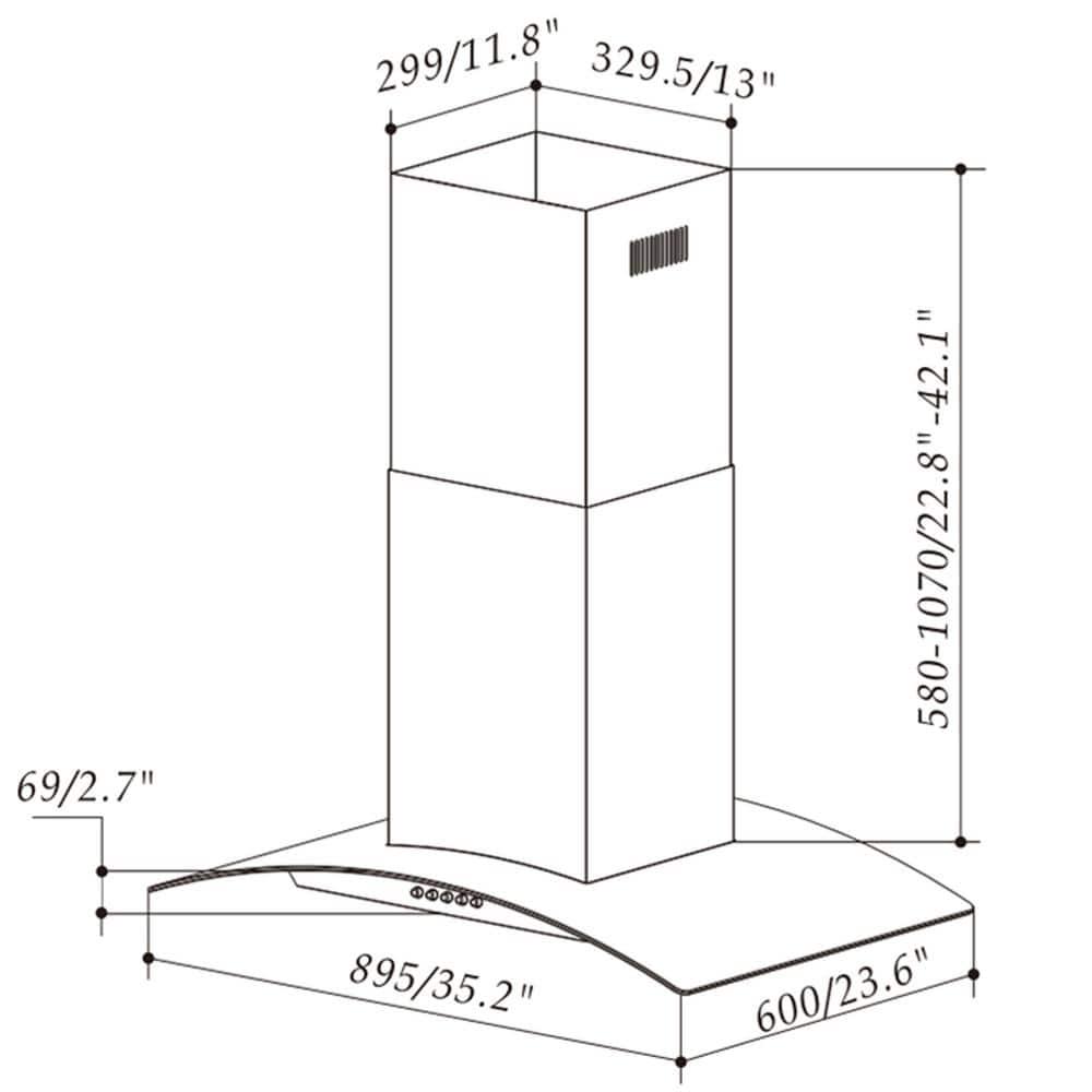 AKDY 36 in 343 CFM Convertible island Mount Range Hood in Black Painted Stainless Steel with Glass and Carbon Filters