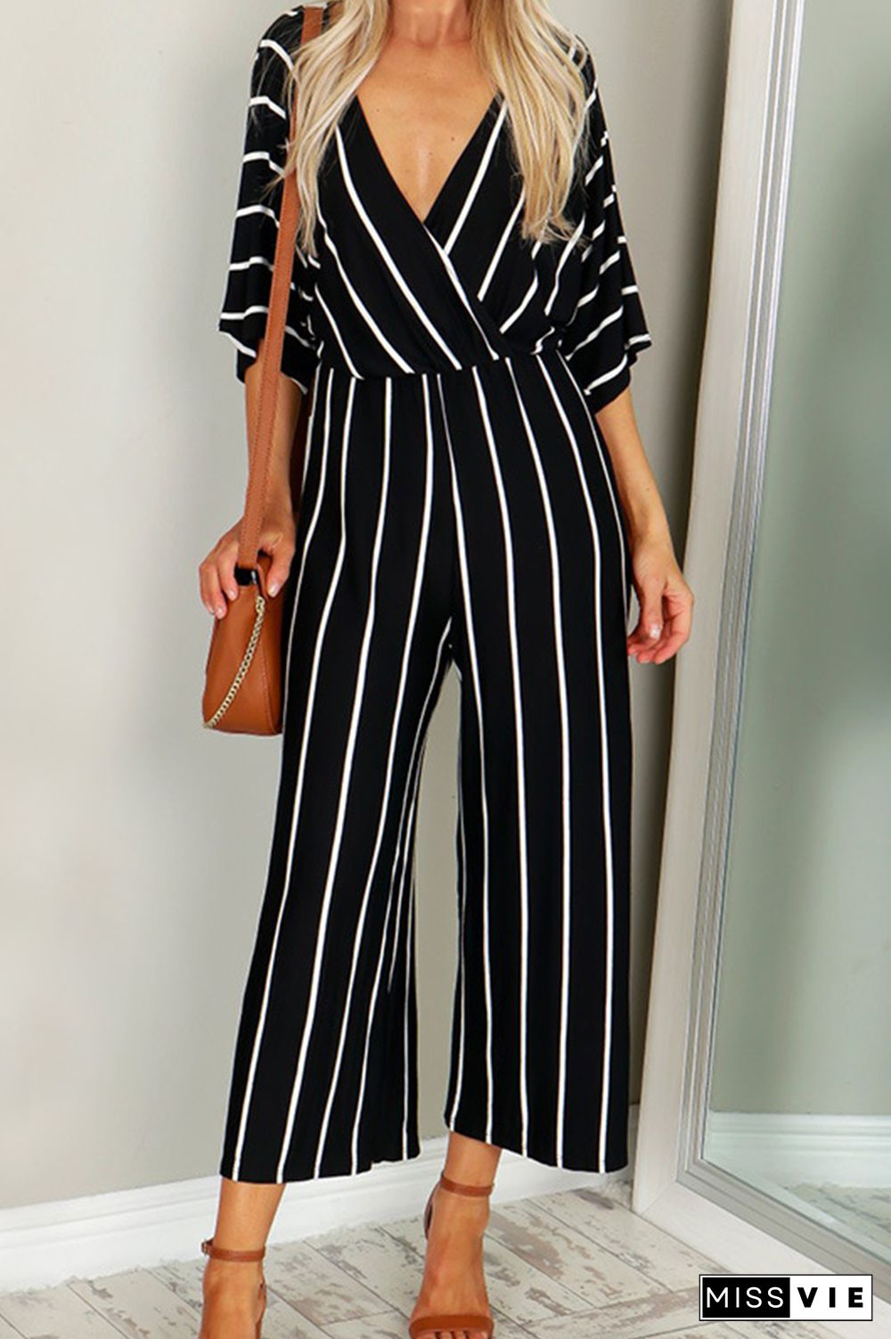 Casual Striped Patchwork V Neck Straight Jumpsuits