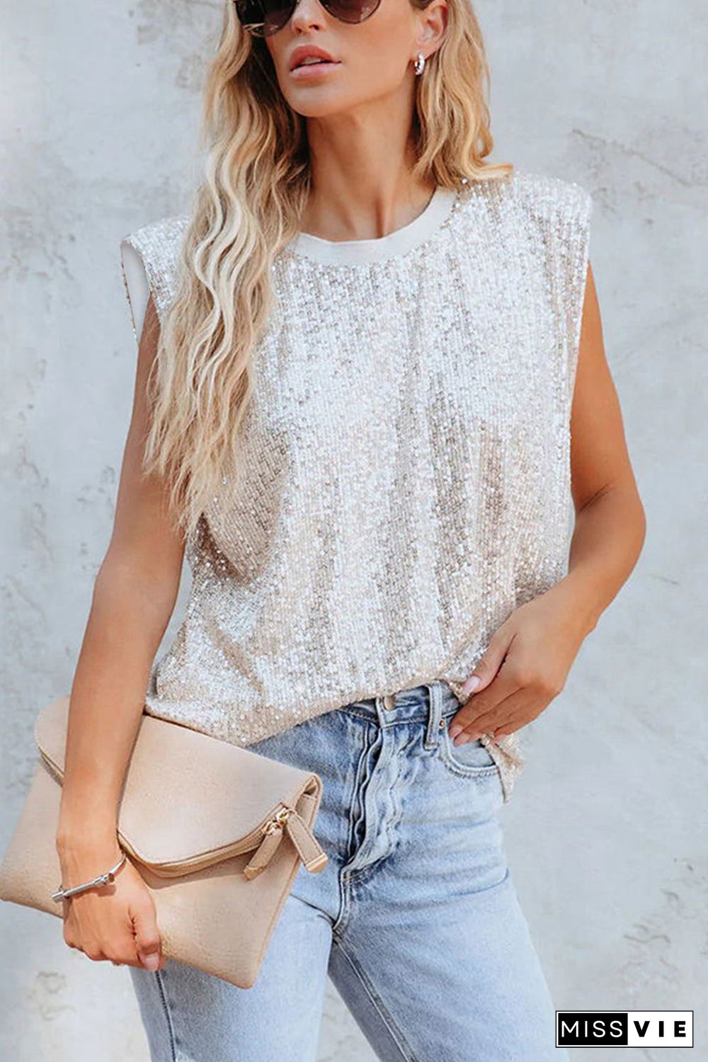 Apricot Sequin Round Neck Tank Top