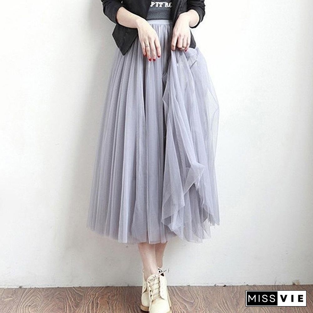 Tulle Skirts Women Spring Summer Elastic High Waist Skirt Womens Tutu Maxi Pleated Skirt Fashion