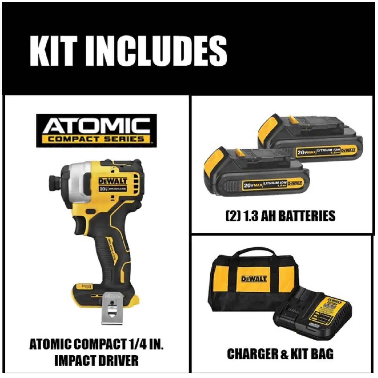 Dewalt Atomic 20-Volt MAX Cordless Brushless Compact 1/4 in. Impact Driver， (2) 20-Volt 1.3Ah Batteries， Charger and Bag (DCF809C2)